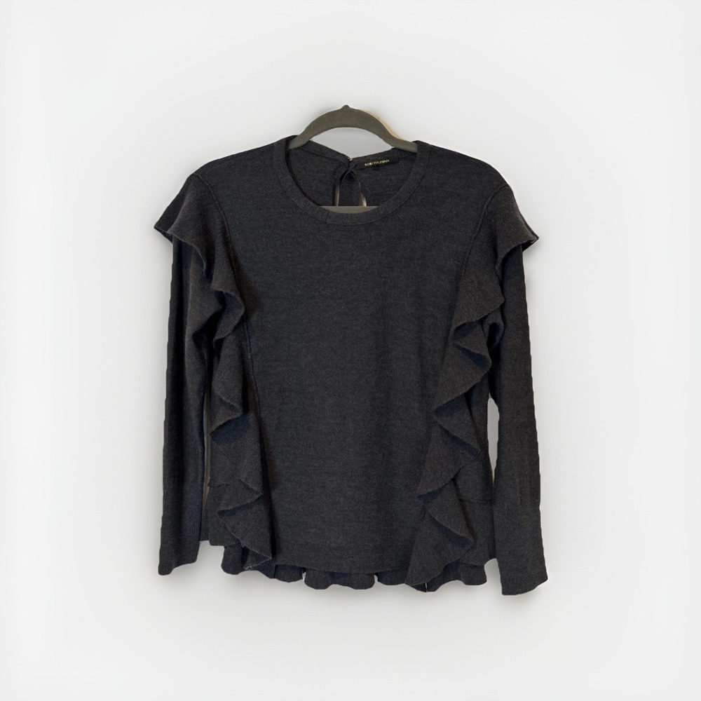 Kobi Halperin Sweater S Gray Extra Fine Merino Wool Stretch Ruffle Pearl Button